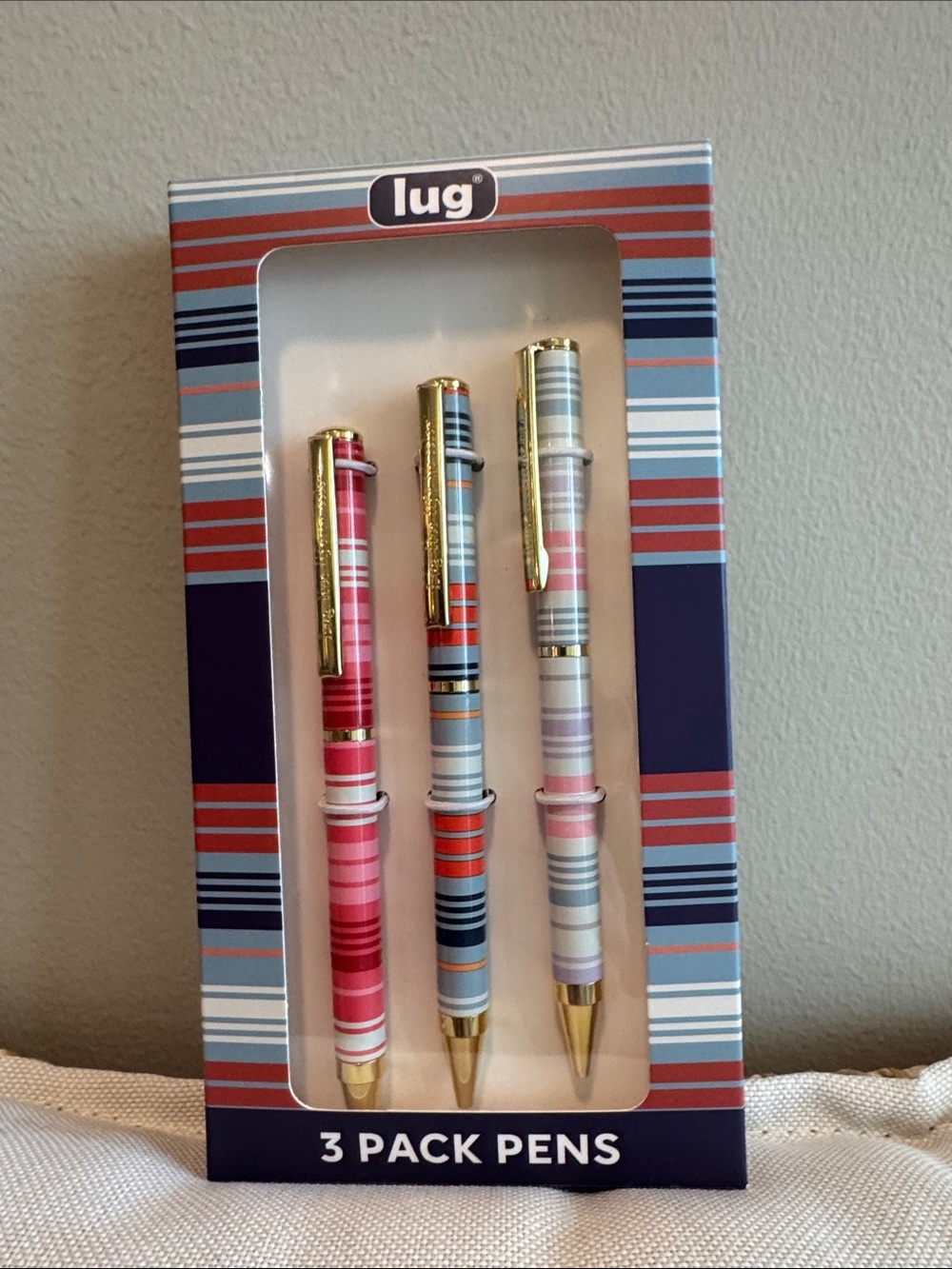 lug Love Stripe 3-Pack Ballpoint Pens — Pink, Blue, Cream with Gold Accents